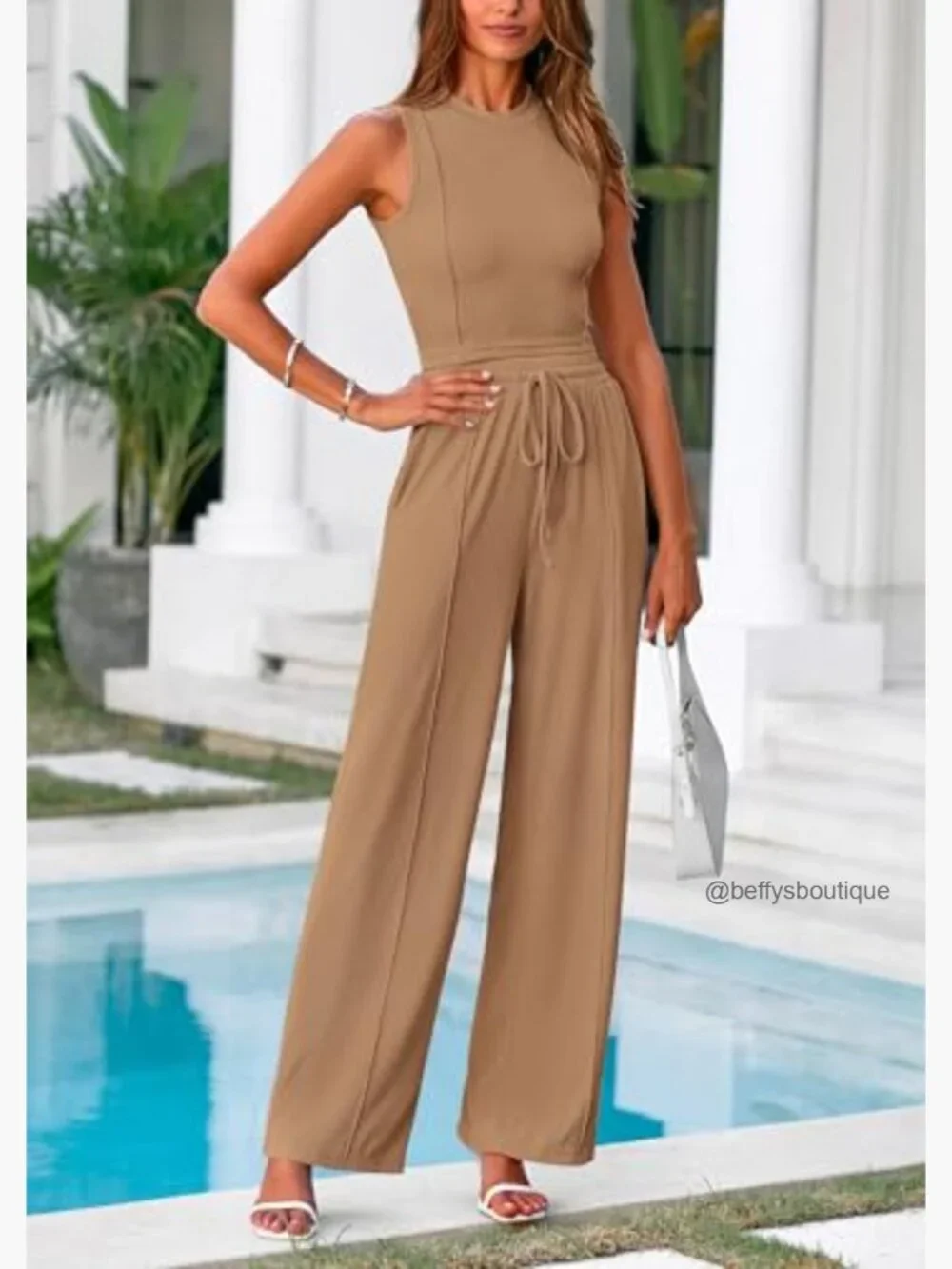 Women's Summer 2-Piece Loungewear Set Cropped Tank Top Wide Leg Sweatpants - Picture 3 of 7